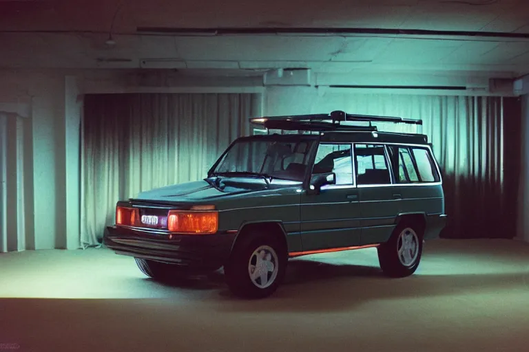 Image similar to studio photoshoot designed by giorgetto giugiaro of a single 1 9 8 8 land cruiser, thick neon lights, ektachrome photograph, volumetric lighting, f 8 aperture, cinematic eastman 5 3 8 4 film