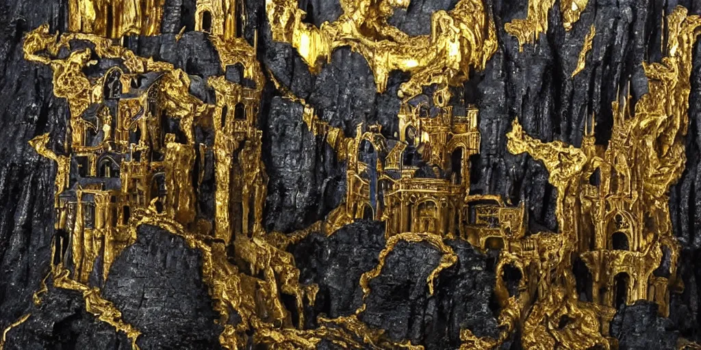 Image similar to ominous ornate obsidian castle with gold filigree on high cliffs with rivers and waterfalls of glowing melted gold. by tom bagshw and by ralph bakshin. power and beauity.