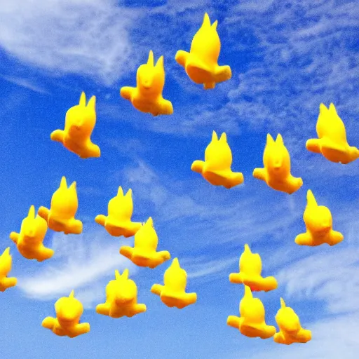 Image similar to photograph of rubber ducks flying in the sky