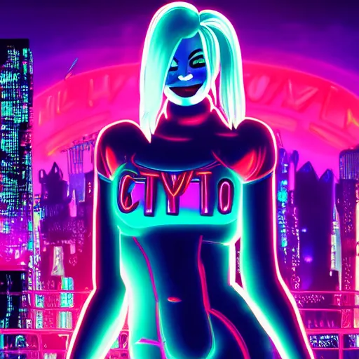 Prompt: harley quinn standing, cyberpunk setting, soft smile, city background, neon signs, nice view, holographic signs, 4k, digital art