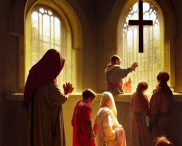 Image similar to poor hungry family praying to a cross, emotional sad painting, very poor, medieval peasants, fantasy, cruel, dramatic lighting, intricate, wild, highly detailed, digital painting, artstation, concept art, smooth, sharp focus, illustration, art by artgerm and greg rutkowski and alphonse mucha