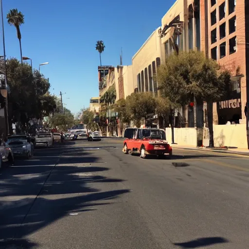 Prompt: a photo of downtown san pasadena where its so hot the asphalt streets are melting in places, the air is dry and there are brush fires on the hills, and smoke