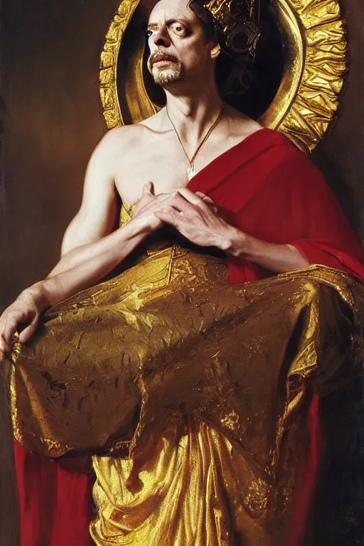 Image similar to beautiful portrait oil painting, steve buscemi wearing a golden wreath in royal crimson robes enthroned as the god emperor of ancient rome, mid - shot, by anders zorn, wonderful masterpiece by greg rutkowski, beautiful cinematic light, american romanticism, by thomas lawrence, greg rutkowski