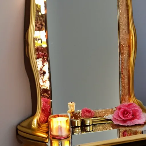Prompt: modern minimalist golden baroque vanity mirror scattered with rose petals, softly lit, soft femme