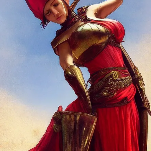 Image similar to statuesque elf resting, short hair, red and gold clothes, sharp focus, intricate, smooth, ultra realistic digital art, d & d, high fantasy, pointed ears, elegant, by artgerm, greg rutkowski, raymond swanland, alphonse mucha