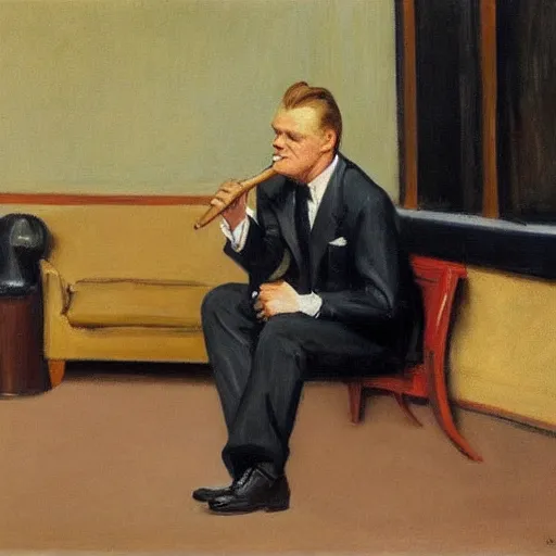 Image similar to A portrait of James Cagney smoking a cigar in a busy hotel lobby, painting by Edward Hopper and John Singer Sargent