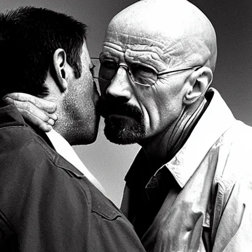 Prompt: Walter White and Mike Ehrmantraut kissing