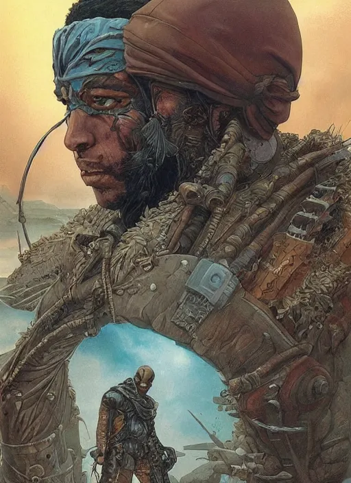 Image similar to hyper realistic photography portrait of postapocalyptic medieval religious occult african amazon cinematic, brom, moebius, juan gimenez