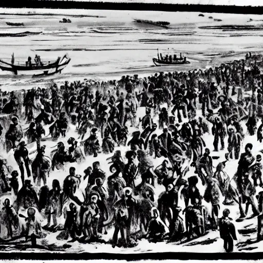 Image similar to This print depicts a scene from the Spanish Civil War, which was a time of great turmoil and strife in Spain. The print shows a group of people on a beach, with the ocean in the background. The people in the print are all different sizes and shapes, and they are all looking in different directions. The print is full of color and movement, and it is very expressive. The print is also very powerful and emotional, and it has a very strong impact on the viewer. Shutterstock by Antoine Blanchard perspective