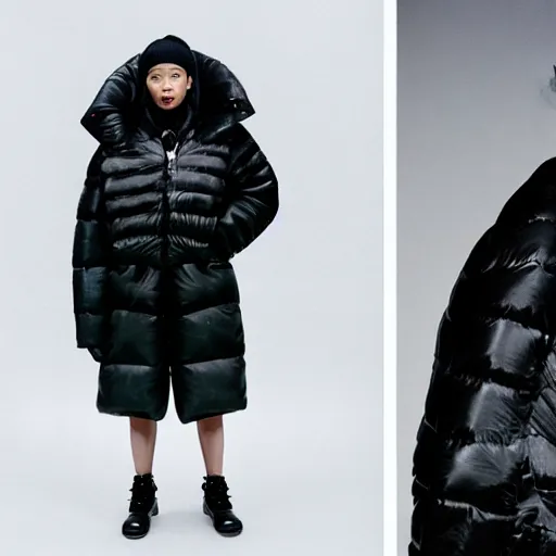 Image similar to realistic photoshooting for a new balenciaga lookbook, color film photography, portrait of a blonde asian woman, model wearing a puffer jacket, photo in style of tyler mitchell, 3 5 mm,