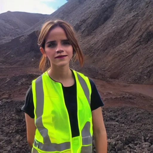 Image similar to photo, close up, emma watson in a hi vis vest, in dusty open pit mine, android cameraphone, 2 6 mm,