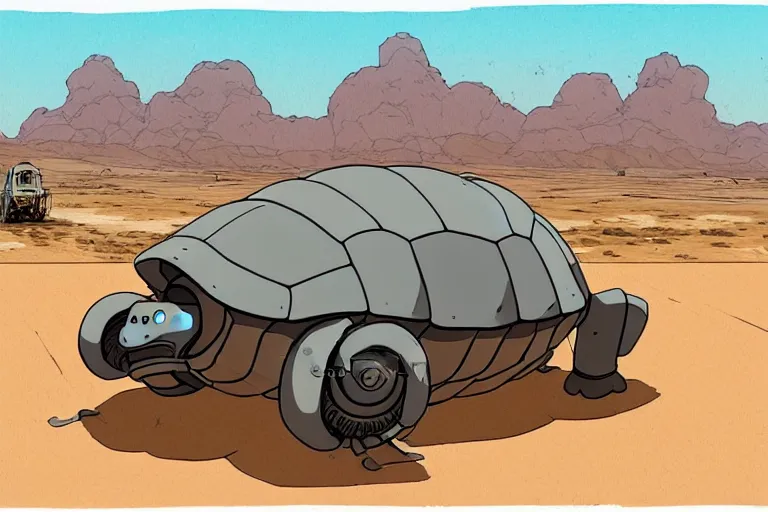 Image similar to a study of cell shaded cartoon of a grey mechanized tortoise from howl's moving castle ( 2 0 0 4 ) on a desert road, full body, wide shot, very muted colors, post grunge, studio ghibli, laurie greasley, highly detailed, deviantart, art by artgem