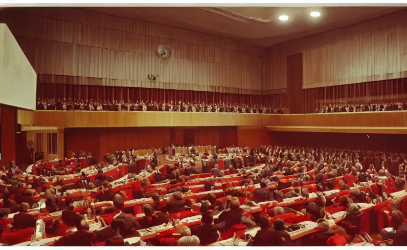 Image similar to 60s movie still of a CCCP congress in a stalinist style parlement, by Irving Penn , cinestill 800t 35mm eastmancolor, heavy grainy picture, very detailed, high quality, 4k, HD criterion