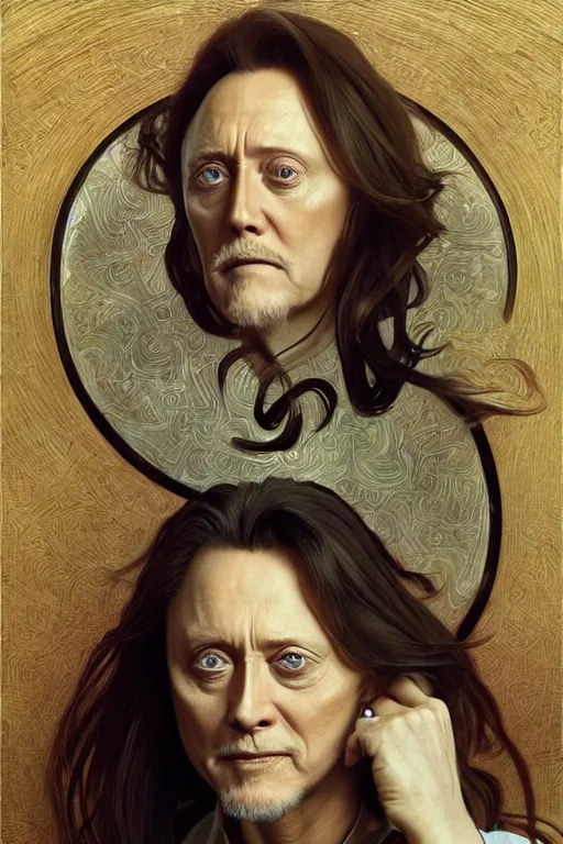 Image similar to portrait of christopher walken with an eyebrow ring and goatee, masterpiece painting by artgerm and greg rutkowski and alphonse mucha