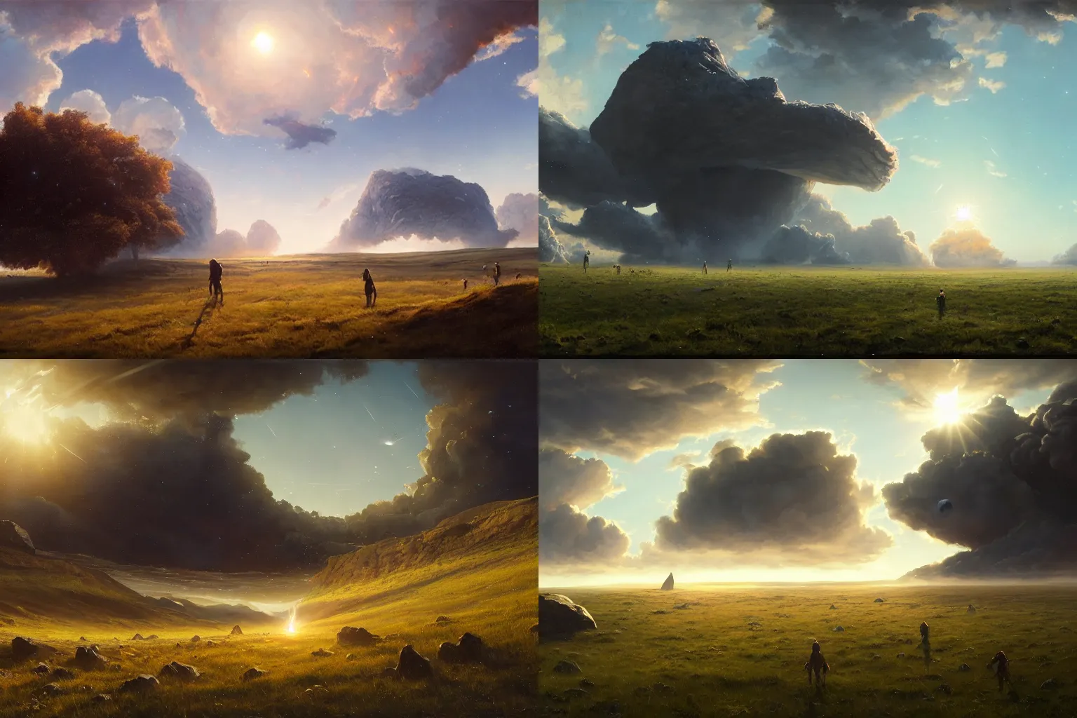 Prompt: a view from a grassy field as a giant asteroid enters the atmosphere, epic painting by Greg Rutkowski and Craig Mullin, oil on canvas, hars lighting, epic feels, 8k