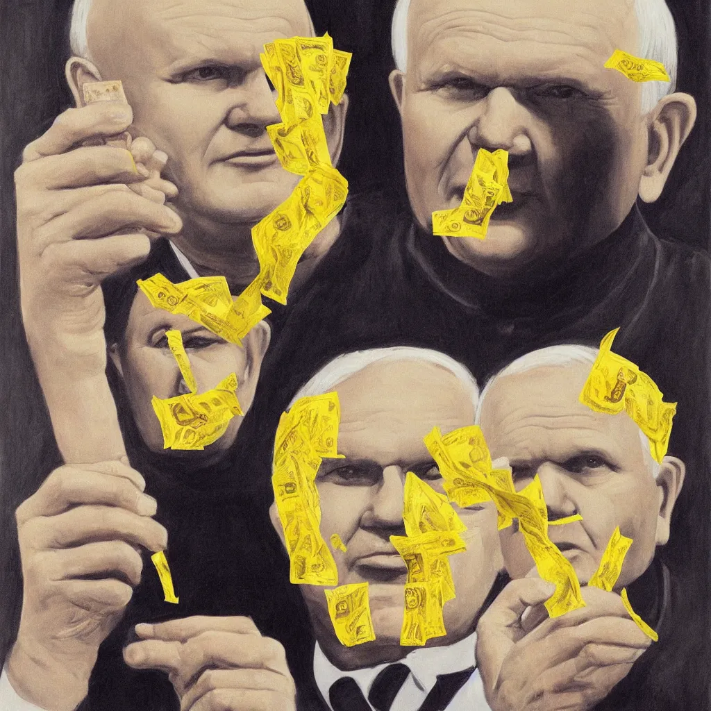 Image similar to Painting of John Paul II with a yellow face holding a 100 dollar bill in his hand