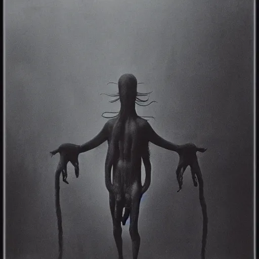 Image similar to vintage photography of realistic faceless beast-god with many long arms, a huge body covered with deep furs by Zdzisław Beksiński, odd eye, dark fantasy, abomination, blur, haze, fog, vignetting, platinum printing