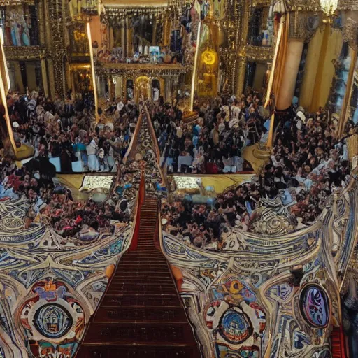 Prompt: pov of sitting on a throne and looking down at your people.