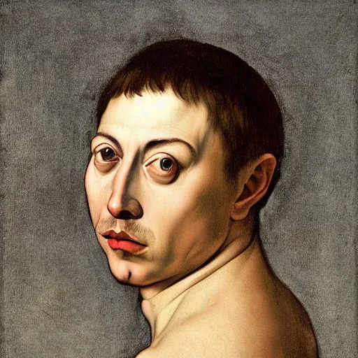 Prompt: a caravaggio face portrait of melon husk, elon musks much fruitier genetically engineered cousin, 4 k