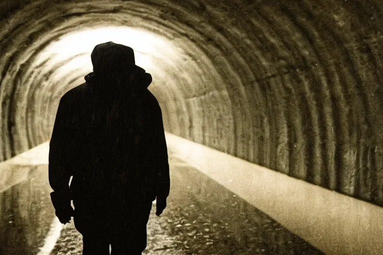 Image similar to a cinematic headshot photograph of a homeless war veteran, stood in a tunnel, stormy weather, rain, film still, cinematic, dramatic lighting, blue color theme, by zack snyder