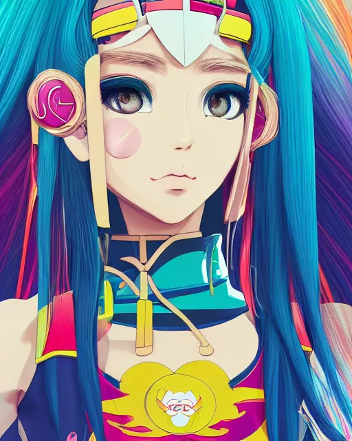 Image similar to poster woman with futuristic streetwear and long hair, colourful, pretty face, intricate eyes, elegant, Anime by Roset Conrad Sailor Moon Kuvshinov Ilya 4k, HDR, Graphic Design, Behance Trending on artstation, award winning