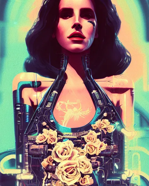 Image similar to portrait of lana del rey as a cyberpunk cyborg. roses, sci - fi, intricate abstract, upper body, intricate artwork, by tooth wu, wlop, beeple, dan mumford. concept art, 8 k octane render, deviantart, greg rutkowski, cinematic, key art, hyperrealism, iridescent accents