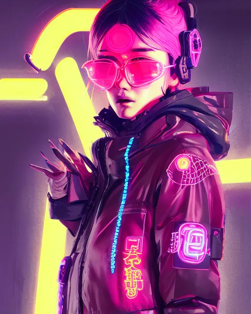 Image similar to detailed portrait Neon Operator Girl, cyberpunk futuristic neon, reflective puffy coat, decorated with traditional Japanese ornaments by Ismail inceoglu dragan bibin hans thoma greg rutkowski Alexandros Pyromallis Nekro Rene Maritte Illustrated, Perfect face, fine details, realistic shaded, fine-face, pretty face