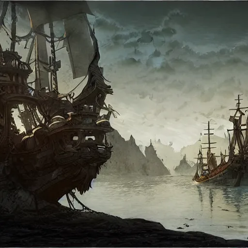 Image similar to Fantasy pirate ship, Dynamic lighting, cinematic, establishing shot, extremely high detail, foto realistic, cinematic lighting, pen and ink, intricate line drawings, post processed, concept art, artstation, matte painting, style by Raphael Lacoste, Eddie Mendoza