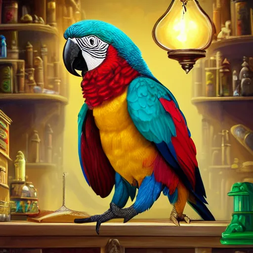 Prompt: Anthropomorphized parrot trader in his shop, shelves full, shining warm lamp, shelves full, selling a gem, portrait, items, magic potions, carpet, window, fancy funny hat, sly expression , cunning expression, cute expression, presenting magic gem, D&D, fantasy, cinematic lighting, highly detailed, digital painting, artstation, concept art, smooth, sharp focus, illustration, warm light, cozy warm tint, magic the gathering artwork, volumetric lighting, 8k, no gold, no gold colours, art by Akihiko Yoshida, Greg Rutkowski