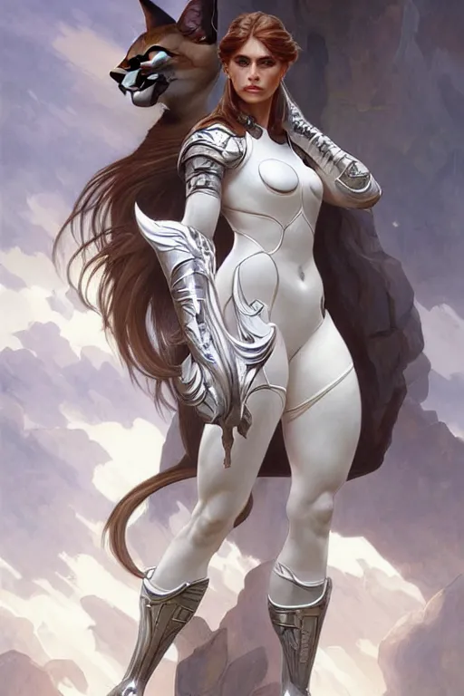 Prompt: portrait of strong caracal wearing white clothes. smooth silver armour, deep focus d & d fantasy, elegant porcelain highlights, by artgerm and greg rutkowski and alphonse mucha
