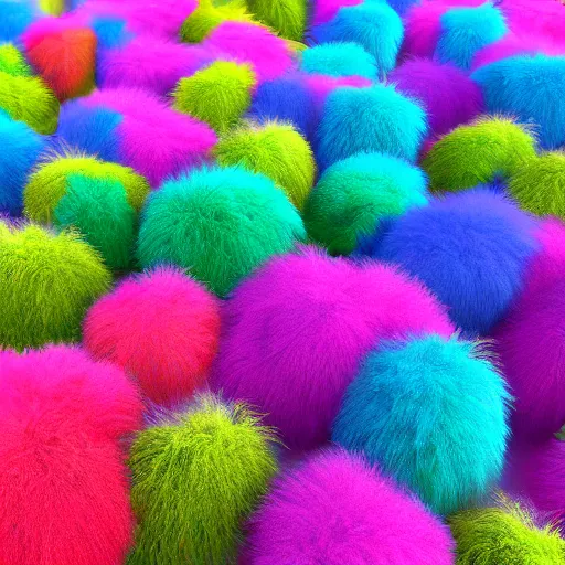 Image similar to Colorful fluffy trees made of fur in a field, Blender render, volumetric lighting