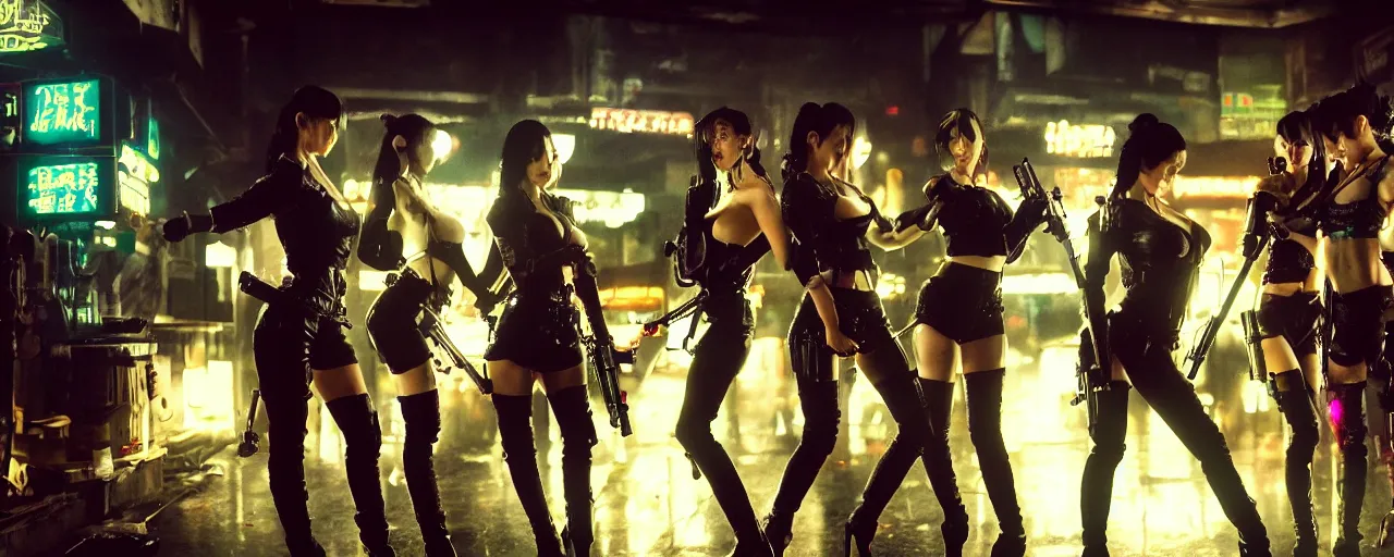 Prompt: epic highly detailed photo of gangs of girls fighting in cyberpunk night adult club, 3 5 mm, guns blasting, low angle, blade runner, akira, cinematic angle, cinematic lighting, reflections, action, battle