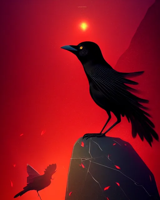 Image similar to beautiful digital fantasy illustration of a black bird with a red background, vanitas, wiccan, tarot card, angel sitting on a rock, abyssal warmth, octane render, detail texture, unreal engine, poster art by victo ngai, 8 k, photographic quality, ultra hyper realistic quality