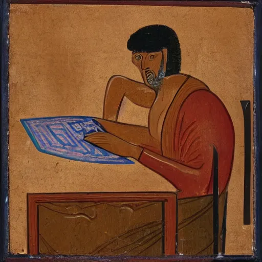 Image similar to photo of an anceint greek vase depicting a man playing games on his computer with his back hunched, 4 k, award winning photograph, museum photograph, highly detailed