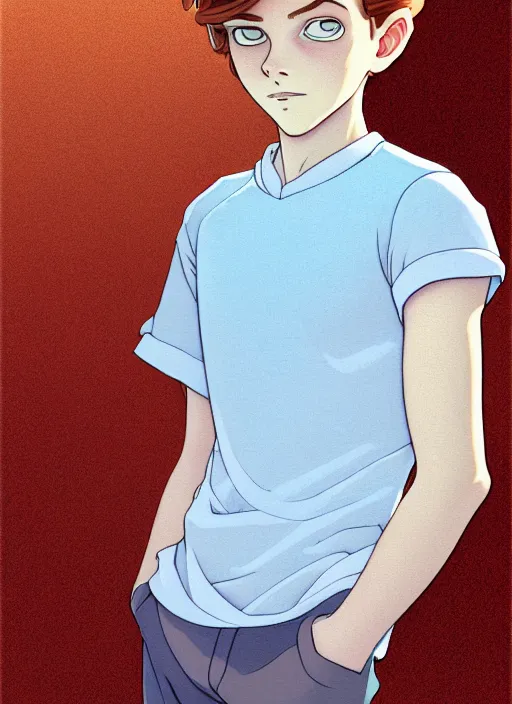 Image similar to art nouveau portrait of a teen boy with completely straight auburn hair, light blue eyes, pale skin, freckles, sad expression, t - shirt, modern casual clothing, natural lighting, path traced, highly detailed, high quality, cartoon, digital painting, by don bluth and ross tran and studio ghibli