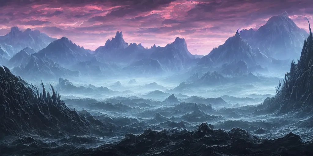 Image similar to The eldritch landscape with mountains in the background and great river down the middle, Sci-Fi fantasy desktop wallpaper, painted, 4k, high detail, sharp focus