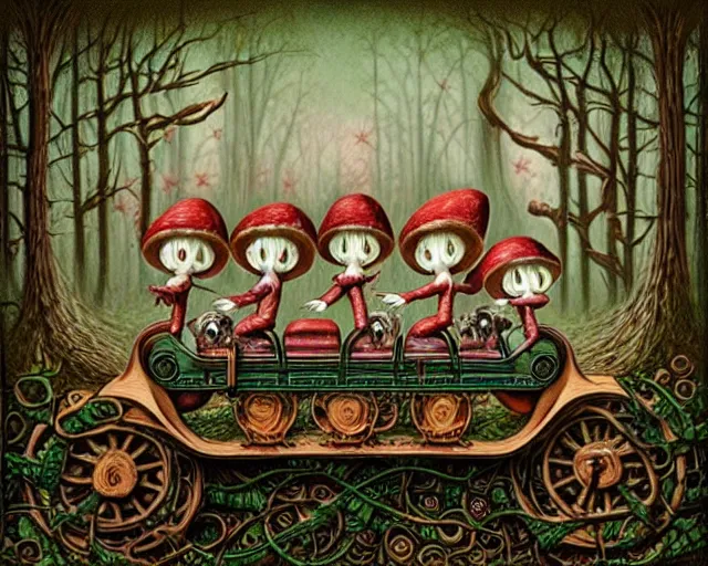 Image similar to intricate detailed mushroom elves riding train in a dark mysterious forest by mark ryden