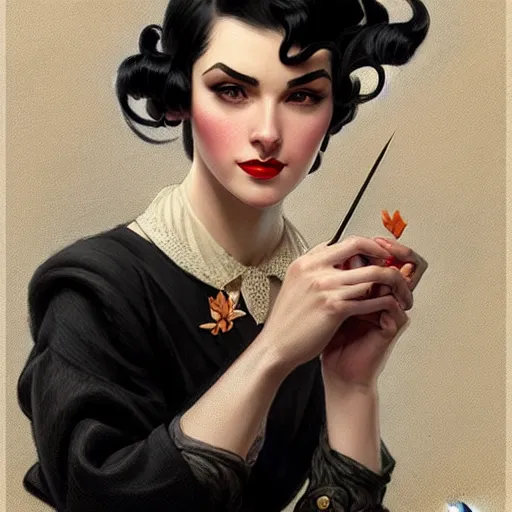 Prompt: a woman with black hair, dressed in 1940's fashion, D&D, fantasy, intricate, elegant, highly detailed, digital painting, artstation, concept art, matte, sharp focus, illustration, art by Artgerm and Greg Rutkowski and Alphonse Mucha