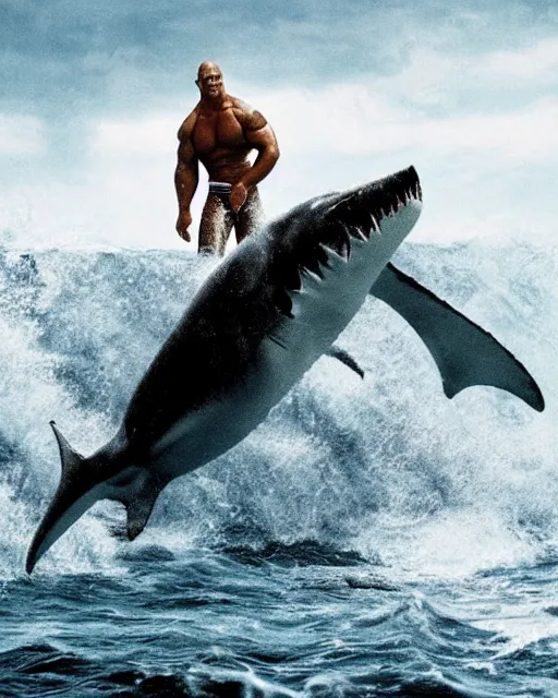 Prompt: film still close up shot of dwayne johnson wrestling a shark in the movie jaws. photographic, photography