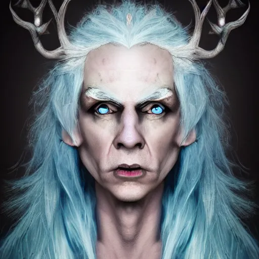 Image similar to the frightening archfey called'the prince of frost ', fantasy, white hair, blue skin, wild eyebrows, middle - age, elf, crown, hard edges, soft lighting, professional lighting, trending on cgsociety