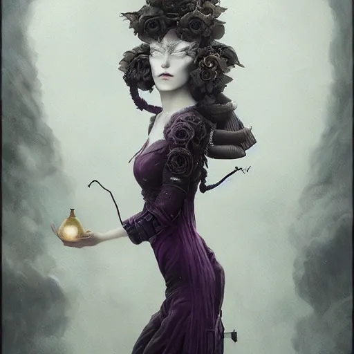 Prompt: tom bagshaw, soft painting fractal curiosities carnival, very beautiful mutated human female rabbit in full ornated nightshade gothic dress, accurate features, focus, very intricate ultrafine details, black white purple volumetric clouds, award winning masterpiece, octane render 8 k hd