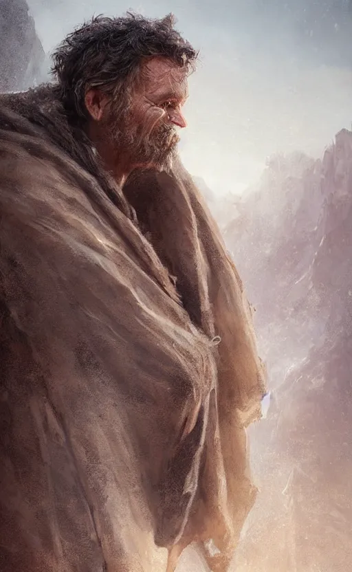 Prompt: Portrait of a middle aged man wearing a rough traveller's cloak, male, detailed face, fantasy, highly detailed, cinematic lighting, digital art painting by greg rutkowski