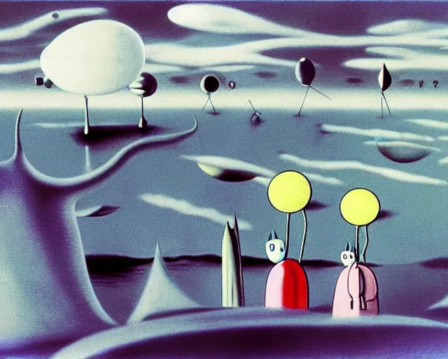 Image similar to yves tanguy art. a still from totoro, re imagined in the style of yves tanguy. surrealism, dadaism, ghibli