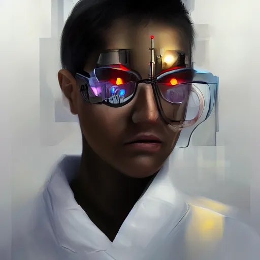 Image similar to portrait of cyborg scientist by jama jurabaev, extremely detailed, trending on artstation, high quality, brush stroke