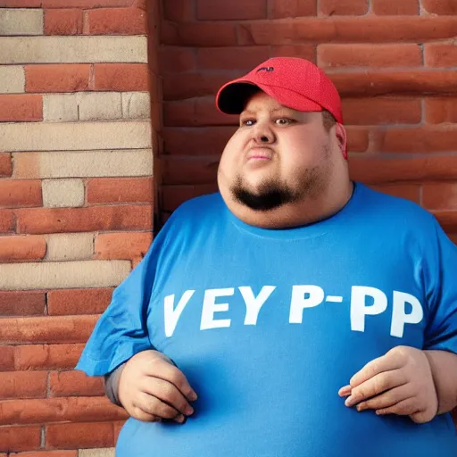 Image similar to very obese man with a t-shirt and a cap with the letter P, writing on a book