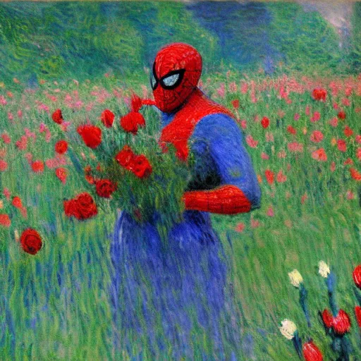 Image similar to Monet painting of Spiderman in a field of roses and tulips, back turned