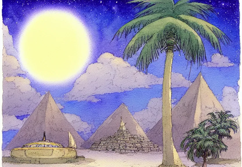 Prompt: a simple watercolor fantasy concept art of a dark grey boxy ufo next to a palm tree at night with white pyramids in the background. by studio ghibli, rebecca guay, michael kaluta, charles vess