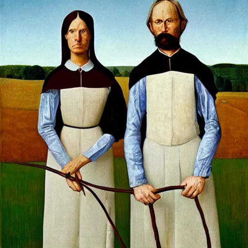 Image similar to two horses recreating the painting american gothic, by grant wood