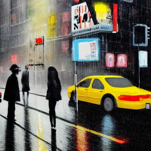 Image similar to a busy crosswalk on a rainy street in new york with lots of people walking around at night with advertisement neon lights on the buildings around it, painting by banksy, banksy art, high detail, smooth, beautiful, aesthetic,