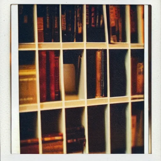 Prompt: a bookshelf full of dust, polaroid photo, perfect photo, photo pinterest